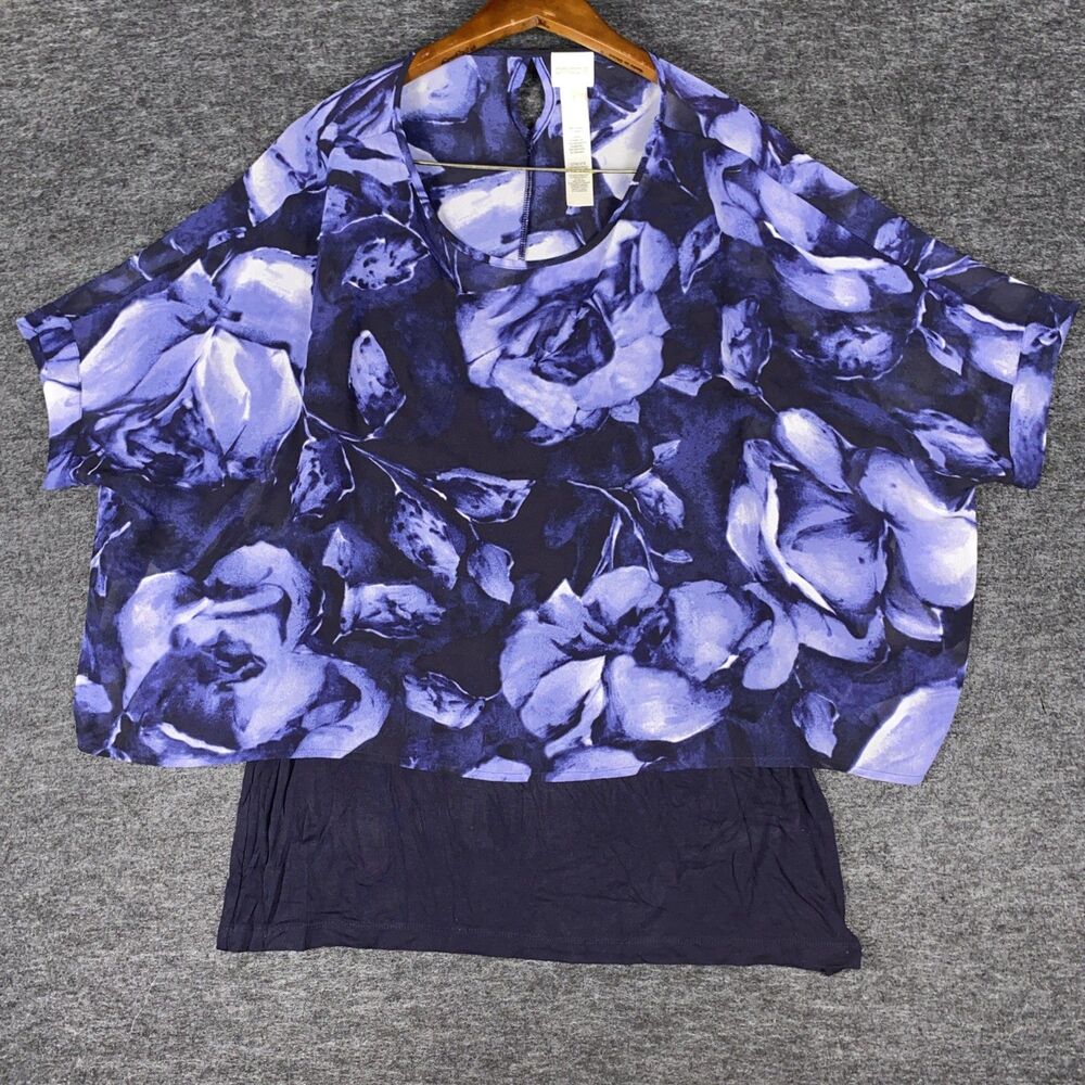 CHICO'S Women’s Size 1 Medium Top Dolman Sleeve Blue Floral Sheer Tank Layered